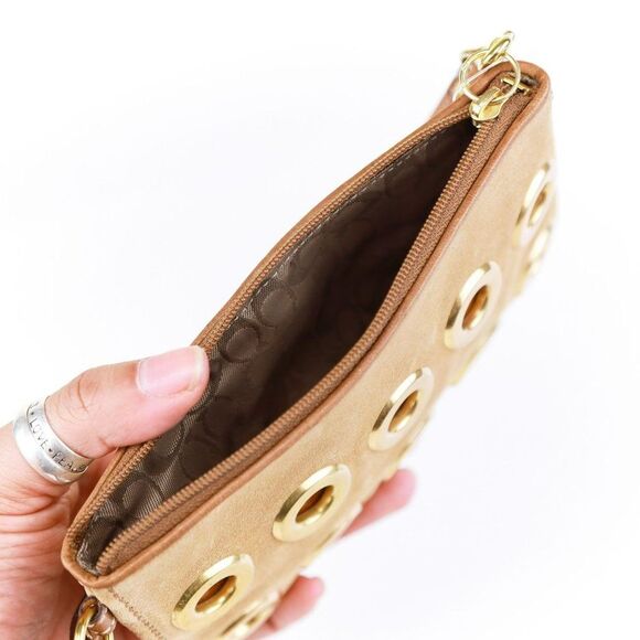 NWT Coach Suede Eyelet Large Phone Wristlet Pouch CAMEL - Picture 8 of 10